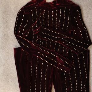 Burgundy Velvet Two Piece Pants Set with Cropped Mock Turtleneck